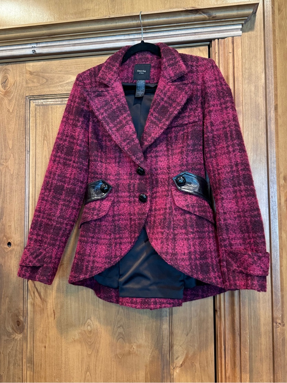 SMYTHE Les Vestes Burgundy Plaid Wool Blend Leather Trim Blazer Jacket Size 8